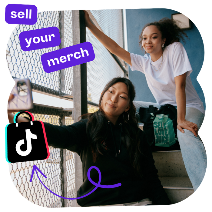 two girls showing off their custom tote bag and promoting it ok tiktok shop